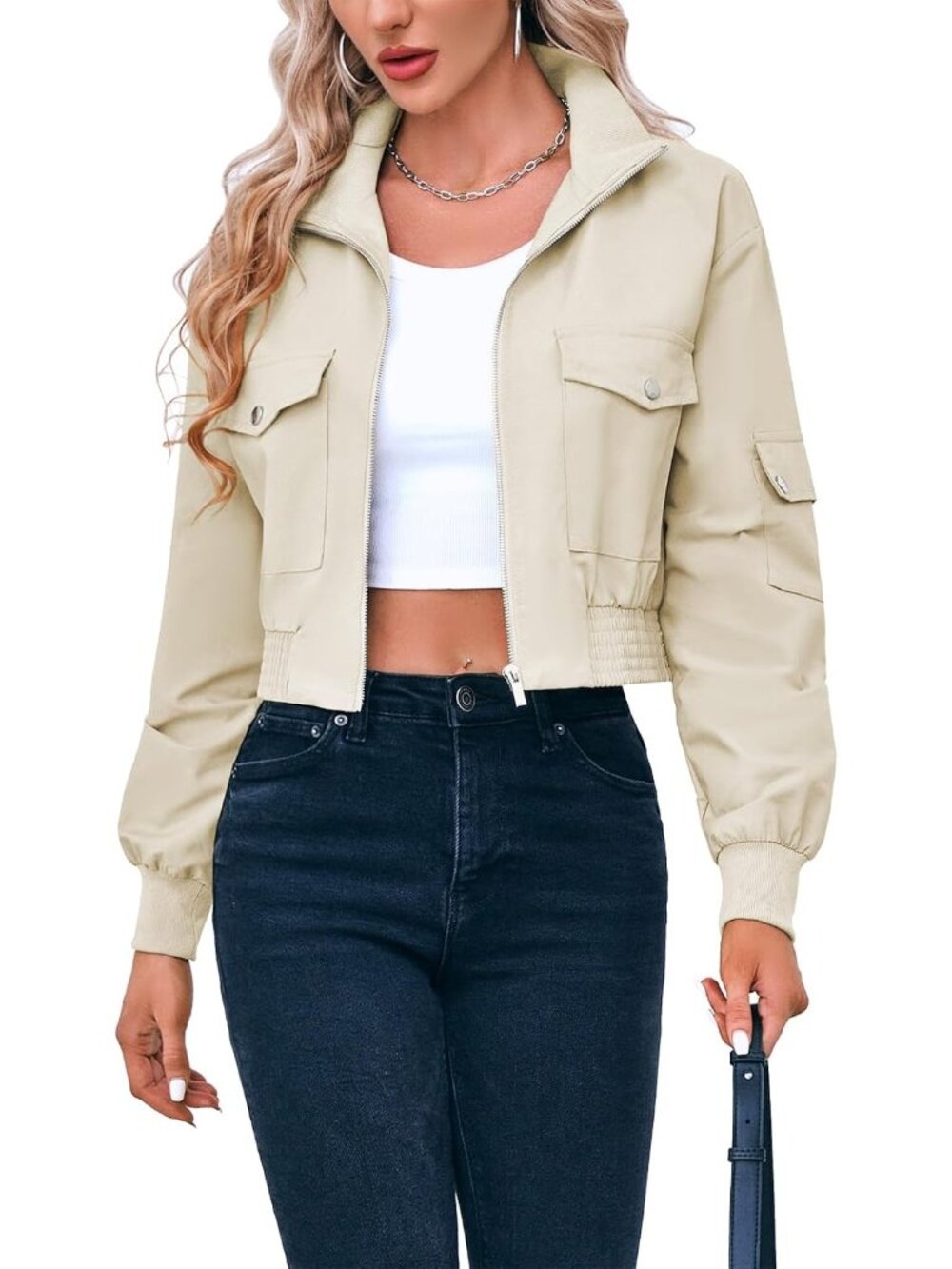 Women's Apricot Cropped Lightweight Zip Up Short Coats Long Sleeve Bomber Jacket